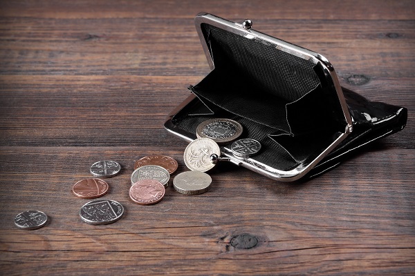 Open Male Black Leather Wallet With British Different Coins On The Old Rough Brown Wooden Textured Background With Copy Space, Top View